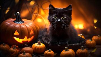 Halloween süß schwarz Katze und Kürbis Laternen. ai generiert Bild foto