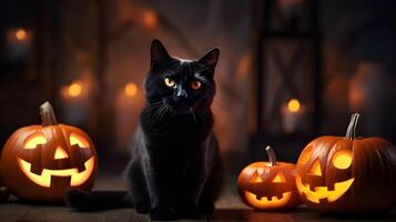 Halloween süß schwarz Katze und Kürbis Laternen. ai generiert Bild foto