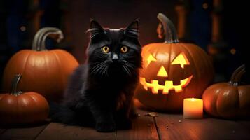 Halloween süß schwarz Katze und Kürbis Laternen. ai generiert Bild foto