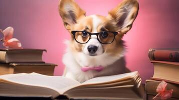 süß Corgi Hund Professor mit Stapel von Bücher auf Rosa Hintergrund. ai generiert Bild. foto