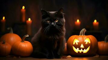 Halloween süß schwarz Katze und Kürbis Laternen. ai generiert Bild foto