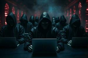 Hacker mit Hoodies Tippen Laptops. Hacker Gruppe, Organisation oder Verband. ai generiert foto