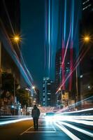 Zeit Ablauf Fotografie von Fahrzeug Beleuchtung und ein Mann beim Nacht im Stadt. ai generiert foto