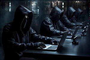 Hacker mit Hoodies Tippen Laptops. Hacker Gruppe, Organisation oder Verband. ai generiert foto