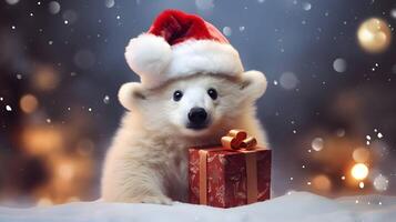 Super süß Weiß Polar- Bär im Santa Hut mit Geschenkbox. ai generiert Bild foto