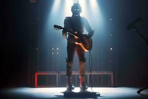 ai Roboter Musiker spielen Gitarre. futuristisch Unterhaltung auf Bühne. ai generiert foto