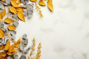 Herbst Komposition. Rahmen gemacht von Eukalyptus Geäst, Blumen foto