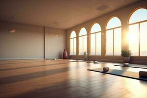 Yoga Klasse, leeren Yoga Studio, Meditation, Yoga Hintergrund, generativ ai foto