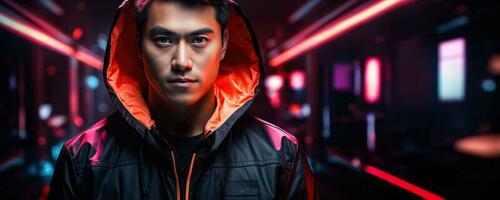 Porträt von ein jung asiatisch männlich im Neon- auf ein dunkel Studio Hintergrund Cyber Montag Konzept Hintergrund mit leeren Raum zum Text foto
