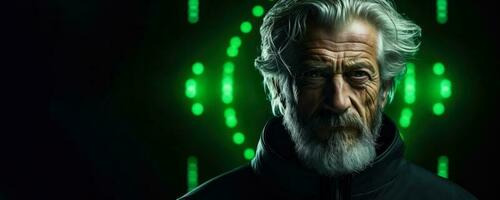 Porträt von ein Alten kaukasisch Mann im Neon- auf ein dunkel Studio Hintergrund Cyber Montag Konzept Grün Hintergrund mit leeren Raum zum Text foto