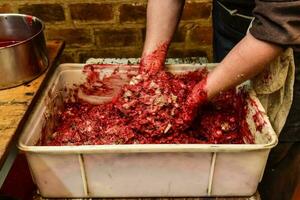 handgemacht Blut Würstchen Vorbereitung, Argentinien Tradition, Pampas, Patagonien foto