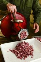 gehackt Fleisch, Würstchen traditionell Vorbereitung, Pampas, Argentinien foto