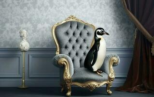 Pinguin auf ein Blau Barock Stuhl im ein Blau Zimmer. ai, generativ ai foto