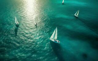 Yachten im das klar azurblau Meer beim Dämmerung. ai, generativ ai foto