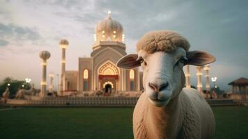 ai generativ Schaf im Vorderseite von Moschee auf eid al adha foto