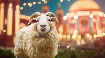 ai generativ Schaf und Moschee auf eid al adha Nachtzeit mit hell Neon- auf das Hintergrund foto