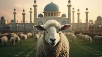 ai generativ Schaf mit groß Moschee auf eid al adha foto