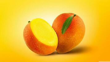 Mango isoliert, auf frisch rot Mango und Scheiben von Mango, Obst mit Blatt, Gelb Farbe Hintergrund, foto
