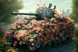 Panzer voll Blumen. generieren ai foto