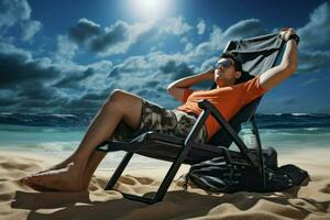 Mann Lügen Strand Stuhl auf Strand. generieren ai foto