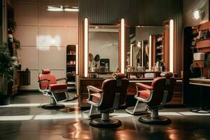 Friseur Salon Innere Leder Sitz. generieren ai foto