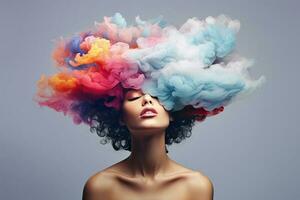 Frau mit bunt Wolken auf ihr Kopf, psychedelisch Konzept. ai generiert foto