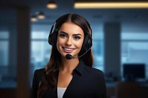 Frau tragen Headset, im ein Büro Einstellung. ai generiert foto