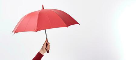 Hand halten rot Regenschirm mit Kopieren Raum, Versicherung oder Sicherheit Schutz Konzept. ai generiert foto