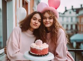 zwei schön Mädchen im Rosa Pullover auf das Straße mit Kuchen und Luftballons. ai generiert foto