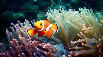nemo Fisch unter Koralle Riffe. Marine Umfeld. ai generiert foto