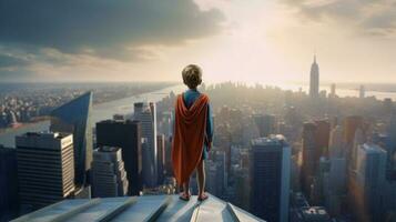 Rückseite Aussicht von jung Junge auf oben von Wolkenkratzer träumend von Werden ein Superheld. generativ ai. foto