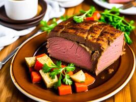 ein Teller von Essen mit geschnitten braten Rindfleisch. ai generiert Bild. foto