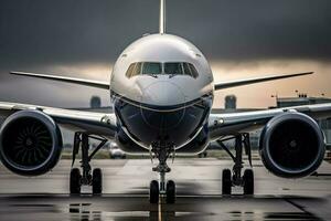 Flugzeug Reisen auf Runway von Flughafen. Nahansicht von bürgerlich Luftfahrt Passagier Transport, Vorderseite Sicht. generativ ai foto