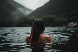 Nahansicht von Frau üben wild Baden, entspannend im Berg See im Natur, zurück Sicht. generativ ai foto