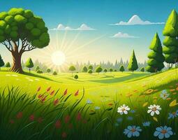 Karikatur Stil Wald Sommer- Szene Illustration zum Kinder, ein spielerisch Urwald Landschaft, Spiel Konzept Kunst Hintergrund, ai generiert foto