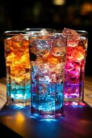 vier bunt glühend Eis Würfel im ein Glas. ai generativ foto