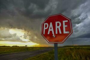 stürmisch Himmel fällig zu Regen im das Argentinien Landschaft, la Pampa Provinz, Patagonien, Argentinien. foto