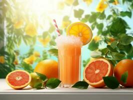 Zitrusfrüchte Smoothie trinken auf tropisch Hintergrund foto