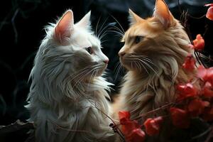 zwei Katzen sehen jeder andere gegen ein dunkel Hintergrund. ai generativ foto