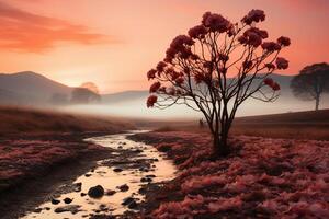 minimalistisch Landschaft Fotografie, Wiese, Sonnenaufgang. ai generativ foto