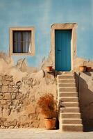 idyllisch Vorderseite Aussicht Foto von Beige Wand, Blau Schritte, Fenster. ai generativ