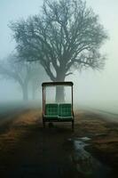 einsam ländlich Bus halt im das Morgen Nebel. ai generativ foto