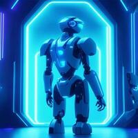 Zukunft Technik fortgeschritten Roboter, auf Neon- Blau Farbe Hintergrund foto