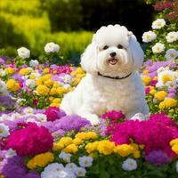 Bichon frise im ein Garten voll von Blumen Illustration foto