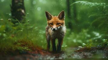 wenig Fuchs im Regen Wald ai generiert foto