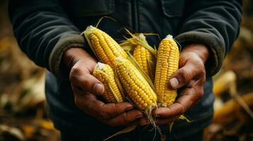 Farmer männlich Hände halten Mais ai generiert foto