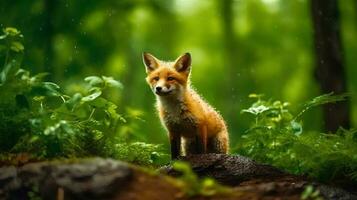 wenig Fuchs im Regen Wald ai generiert foto