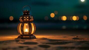 Laterne auf das Strand beim Nacht ai generiert foto