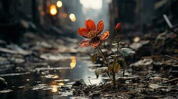 ein Blume im das zerstört Stadt ai generiert foto