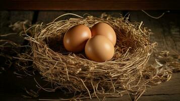 Hähnchen Eier im Nest ai generiert foto